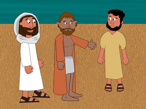 Depois, Pedro se virou e viu João, o discípulo, e disse para Jesus:<br/>– E quanto a ele? – Slide número 17