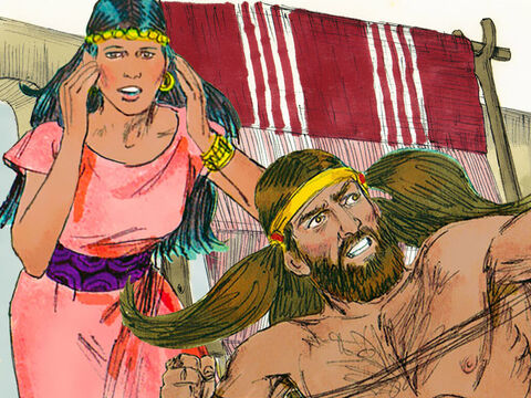 Enquanto Sansão dormia, Dalila prendeu seu cabelo em seu tear, mas novamente Sansão se libertou. – Slide número 9