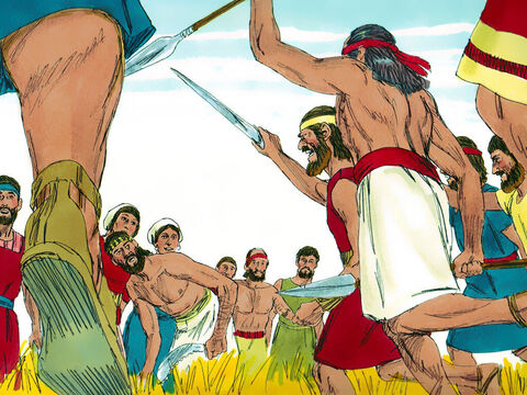 Os homens de Judá perguntaram aos filisteus: “Por que vocês estão nos atacando?”. Os filisteus responderam: “Viemos capturar Sansão e retribuir o que ele fez conosco”. – Slide número 8