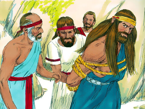 “Viemos para amarrá-lo e entregá-lo aos filisteus”, disseram os homens de Judá a Sansão. Quando eles prometeram não matá-lo, Sansão permitiu que o amarrassem com duas cordas novas. – Slide número 10
