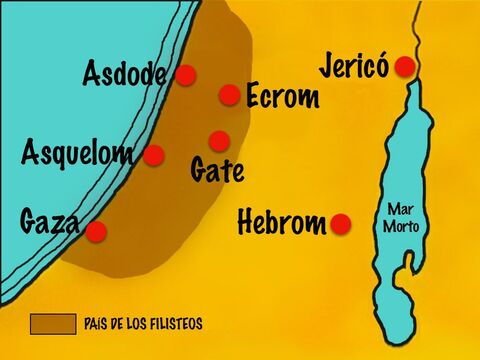 Deus permitiu que eles estivessem sujeitos por 40 anos aos filisteus que viviam ao longo da costa sul e tinham cinco grandes cidades, Gaza, Asquelom, Gate, Ecrom e Asdode. – Slide número 2