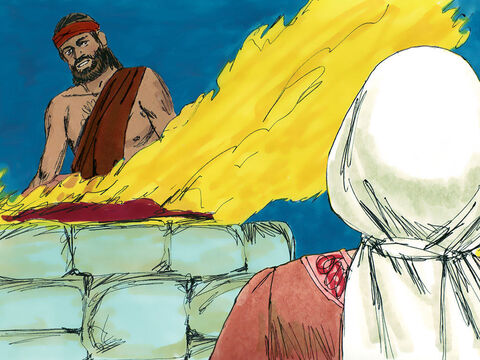 Então, Manoá pegou um cabrito e uma oferta de cereal e ofereceu-os sobre uma rocha como sacrifício ao Senhor. – Slide número 8