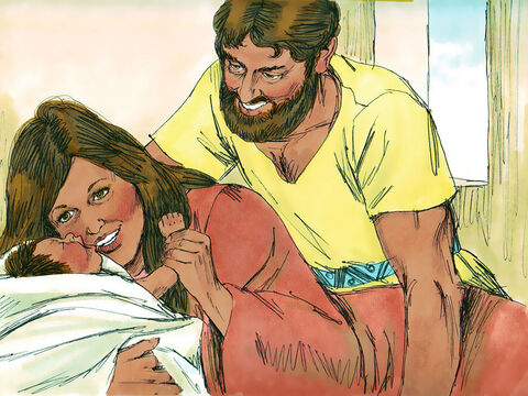 Algum tempo depois, nasceu o filho que havia sido prometido. Eles o chamaram de Sansão. – Slide número 10