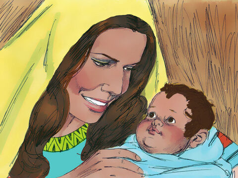 Logo depois de voltar para casa, Ana engravidou e mais tarde deu à luz um menino. Ela e Elcana o chamaram de Samuel, pois ela disse: “Eu pedi a Deus por ele”. – Slide número 11