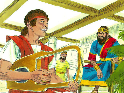 Davi serviu ao rei Saul tocando sua harpa quando o rei era atormentado pelo mal. Saul, a princípio, gostou muito dele e o escolheu como o homem que carregaria suas armas. – Slide número 14
