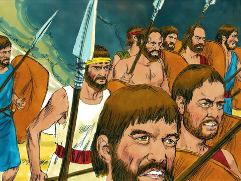 Os homens de Israel saíram correndo de Mizpá e perseguiram os filisteus. – Slide número 20