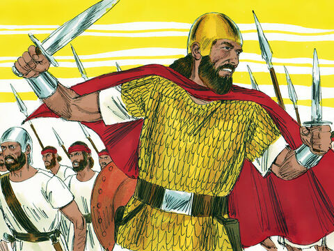 Saul tinha 30 anos quando se tornou rei. Ele reuniu um exército para defender os israelitas contra os invasores filisteus. Qualquer homem forte ou corajoso foi incorporado aos seus guerreiros. – Slide número 1