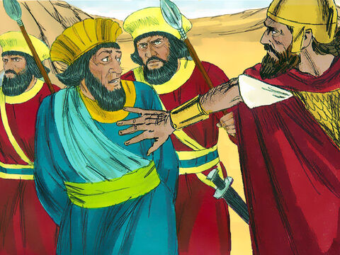 Eles capturaram Agague, o Rei dos Amalequitas. Mas, em vez de seguir as ordens de Deus, o Rei Saul poupou sua vida e o levou como prisioneiro. – Slide número 8