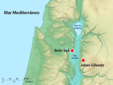 Quando os israelitas que moravam em Jabes-Gileade souberam disso, alguns de seus homens mais valentes foram a Bete-Sã e levaram seus corpos. – Slide número 13