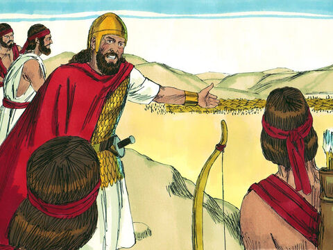 O rei Saul e seu exército saíram para defender seu país. Eles acamparam no monte Gilboa, mas quando Saul viu o exército filisteu, ficou com medo. – Slide número 3