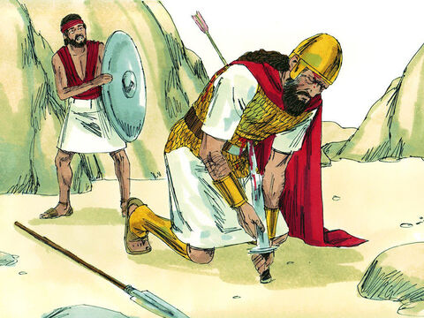 Saul foi gravemente ferido por uma flecha. Não querendo ser capturado, ele pediu a seu escudeiro que o matasse. Mas o escudeiro recusou-se. Então Saul se matou caindo sobre sua própria espada. – Slide número 11