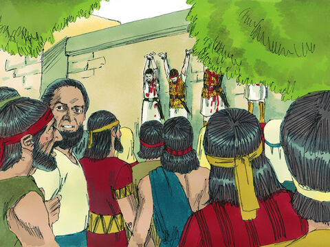 No dia seguinte, os filisteus encontraram os corpos de Saul e de seus filhos. Eles cortaram a cabeça de Saul e então pregaram seu corpo e os corpos de seus filhos na parede da cidade de Bete-Sã. – Slide número 12