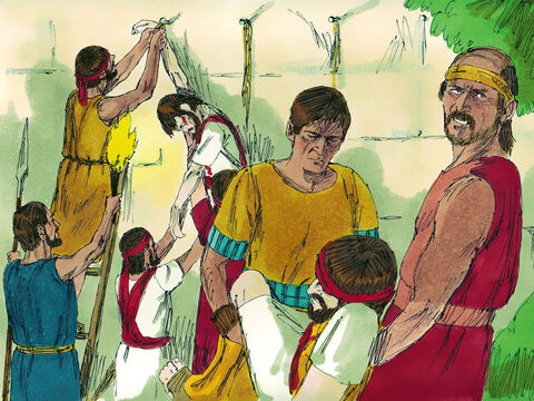 Eles enterraram o rei Saul e seus filhos perto de uma grande árvore em Jabes-Gileade. – Slide número 14