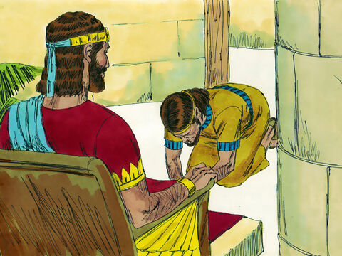 O rei Salomão enviou homens para tirar Adonias do altar. Adonias se prostrou diante do rei Salomão, que lhe disse: “Vá para sua casa”. – Slide número 12