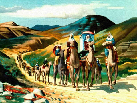 ...então, ela viajou 160 quilômetros através do deserto inóspito, seguida por camelos que levavam presentes para o rei – ouro, especiarias e joias. – Slide número 23
