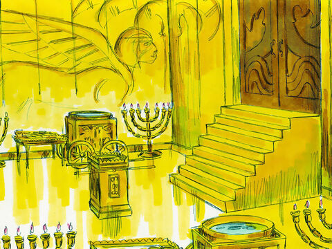 O santuário foi revestido interiormente com ouro puro. Os pisos da sala interna e externa também eram revestidos de ouro. O ouro foi usado para construir o altar, a mesa para o pão, os candeeiros e outros móveis. – Slide número 7