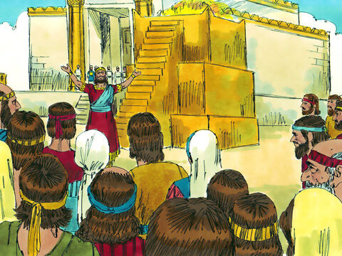 Salomão abençoou o povo e louvou a Deus. “O Senhor cumpriu sua promessa a Davi e eu construí o templo para o Nome do Senhor”, declarou ele. – Slide número 13