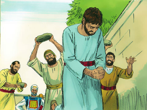 Eles arrancaram sua capa e a depositaram aos pés de um homem chamado Saulo. Então, eles começaram a atirar grandes pedras em Estevão. – Slide número 15