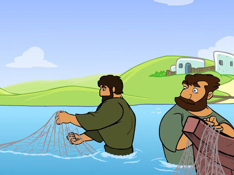 Eles era pescadores e estavam jogando suas redes dentro do lago. – Slide número 10