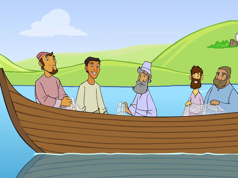 Eles estavam em um barco, consertando suas redes. – Slide número 15