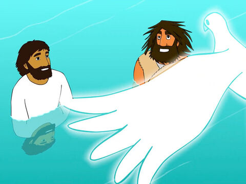 ...Ele viu o céu aberto e o Espírito Santo descendo até Ele em forma de pomba. – Slide número 16