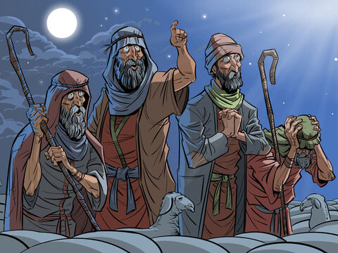 Os pastores nos campos perto de Belém são informados sobre o nascimento de um Salvador.<br/>Lucas 2:8-20 – Slide número 1