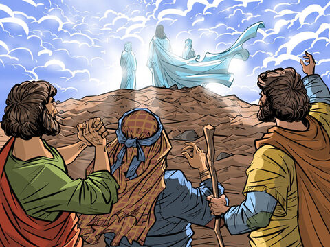 Jesus leva Pedro, Tiago e João ao topo de uma montanha para orar e é transfigurado.<br/>Mateus 17:1-13, Marcos 9:2-13, Lucas 9:28-37 – Slide número 7