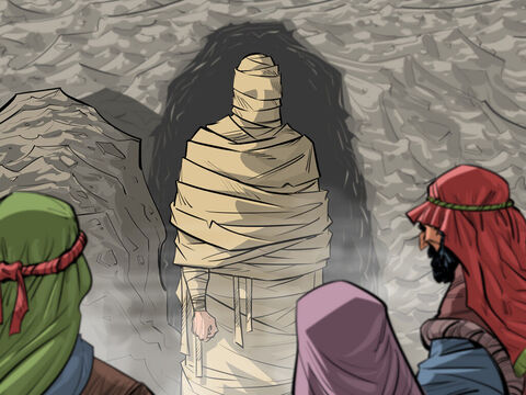 Jesus chama Lázaro para sair da tumba .<br/>João 11:1–45 – Slide número 4