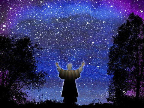 Levando-o para fora da tenda, disse-lhe: “Olhe para o céu e conte as estrelas, se é que pode contá-las”. E prosseguiu: “Assim será a sua descendência”. Abrão creu no Senhor, e isso lhe foi creditado como justiça. Gênesis 15:5–6 (NVI) – Slide número 11