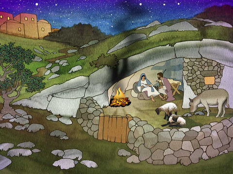 “Enquanto estavam lá, chegou o tempo de nascer o bebê, e ela deu à luz o seu primogênito. Envolveu-o em panos e o colocou numa manjedoura, porque não havia lugar para eles na hospedaria.” Lucas 2:6–7 (NVI) – Slide número 15