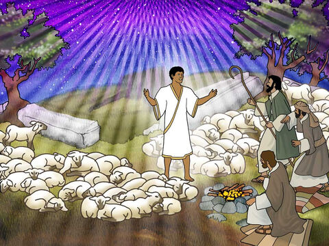 “Havia pastores que estavam nos campos próximos e durante a noite tomavam conta dos seus rebanhos. E aconteceu que um anjo do Senhor apareceu-lhes e a glória do Senhor resplandeceu ao redor deles; e ficaram aterrorizados.” Lucas 2:8–9 (NVI) – Slide número 16