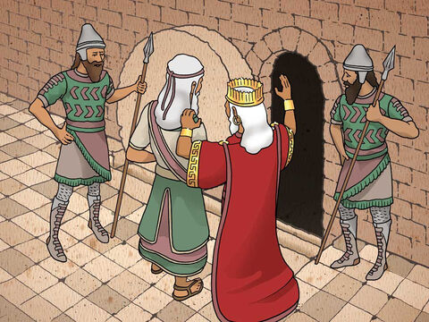 “Então o rei deu ordens, e eles trouxeram Daniel e o jogaram na cova dos leões. O rei, porém, disse a Daniel: ‘Que o seu Deus, a quem você serve continuamente, o livre!’ Taparam a cova com uma pedra.” Daniel 6:16–17 (NVI) – Slide número 12