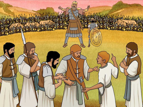 Davi foi visitar seus irmãos no campo de batalha. “Enquanto conversava com eles, Golias, o guerreiro filisteu de Gate, avançou e lançou seu desafio habitual; e Davi o ouviu.” 1 Samuel 17:23 (NVI) – Slide número 11