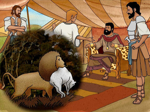 Davi explicou ao rei Saul como ele havia matado um leão e um urso que haviam atacado o rebanho de seu pai. “O Senhor que me livrou das garras do leão e das garras do urso me livrará das mãos desse filisteu”. Diante disso Saul disse a Davi: “Vá, e que o Senhor esteja com você”. 1 Samuel 17:37–38 (NVI) – Slide número 15