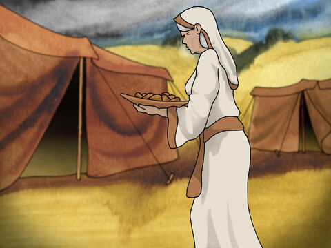 Rebeca preparou a comida, pegou as melhores roupas de Esaú e as colocou em Jacó, e cobriu as mãos e a pele lisa do pescoço dele com peles de cabritos. Jacó deixou sua mãe e foi apresentar a refeição a Isaque, dizendo-lhe que era Esaú (Gênesis 27:15–19 NVI) – Slide número 7
