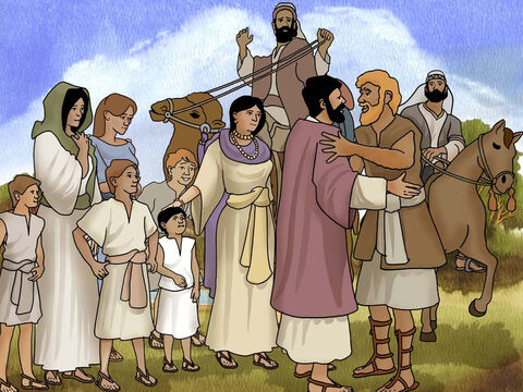 Jacó olhou e viu que Esaú estava se aproximando com quatrocentos homens... Mas Esaú correu ao encontro de Jacó e abraçou-se ao seu pescoço, e o beijou. E eles choraram. (Gênesis 33:1a, 4a NVI). Assim, Deus abençoou Jacó e Esaú. – Slide número 16