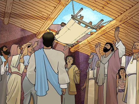 Felizmente, os amigos do paralítico não deixaram que isso os impedisse de ajudar seu amigo a ver Jesus. Todos eles subiram no telhado da casa. Depois afastaram o teto para baixar o paralítico até Jesus. – Slide número 4