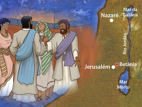 A apenas uma pequena distância fora de Jerusalém, em um vilarejo chamado Betânia, vivia uma família de irmãos que acolhia Jesus. Os nomes deles eram Maria, Marta e Lázaro. Jesus amava profundamente cada membro dessa família. – Slide número 1