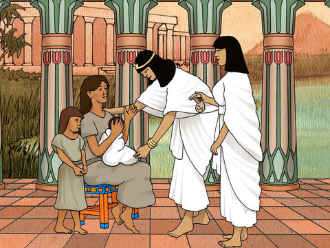 Então a filha do faraó disse à mulher: “Leve este menino e amamente-o para mim, e eu pagarei você por isso”. A mulher levou o menino e o amamentou. Tendo o menino crescido, ela o levou à filha do faraó, que o adotou e lhe deu o nome de Moisés, dizendo: “Porque eu o tirei das águas”. Êxodo 2:9–10 (NVI) – Slide número 6