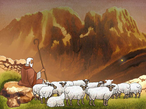Depois de quarenta anos como um pastor, “Moisés pastoreava o rebanho de seu sogro, Jetro, que era sacerdote de Midiã. Um dia levou o rebanho para o outro lado do deserto e chegou a Horebe, o monte de Deus.” Êxodo 3:1 (NVI) – Slide número 1