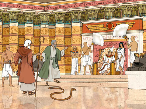Disse o Senhor a Moisés e a Arão: “Quando o faraó pedir que façam algum milagre, diga a Arão que tome a sua vara e jogue-a diante do faraó; e ela se transformará numa serpente”. Êxodo 7:8–9 (NVI)<br/>Os mágicos de Faraó repetiram isso com duas serpentes a mais, porém a vara de Arão engoliu essas serpentes. – Slide número 9