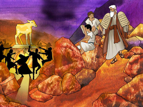 Quando Moisés aproximou-se do acampamento e viu o bezerro e as danças, irou-se e jogou as tábuas no chão, ao pé do monte, quebrando-as. Pegou o bezerro que eles tinham feito e o destruiu no fogo; depois de moê-lo até virar pó, espalhou-o na água e fez com que os israelitas a bebessem. Êxodo 32:19–20 (NVI) – Slide número 11