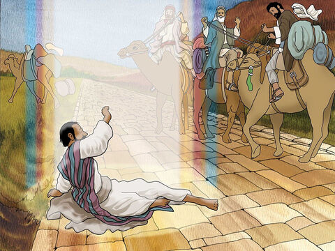 De repente, Deus parou Saulo durante a sua viagem e disse:<br/>– Saulo, Saulo, por que você me persegue?<br/>Saulo ficou chocado e cego. Ele teve de ser levado pela mão, como um cego, para Damasco. (Atos 9:3–7) – Slide número 2