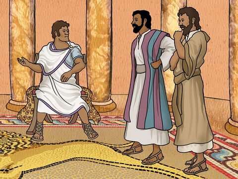 Quando chegaram em Pafos, foram recebidos pelo governante romano. Ele era um homem inteligente chamado Sérgio Paulo. Ele queria ouvir as boas-novas que Paulo e Barnabé compartilhavam. – Slide número 13
