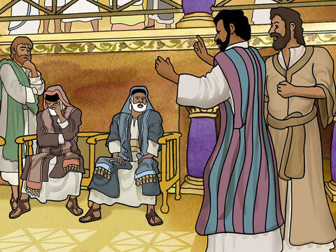 Paulo e Barnabé compartilharam as boas-novas sobre Jesus na sinagoga judaica. As pessoas imploraram que eles voltassem no sábado seguinte e lhes falassem mais. – Slide número 19