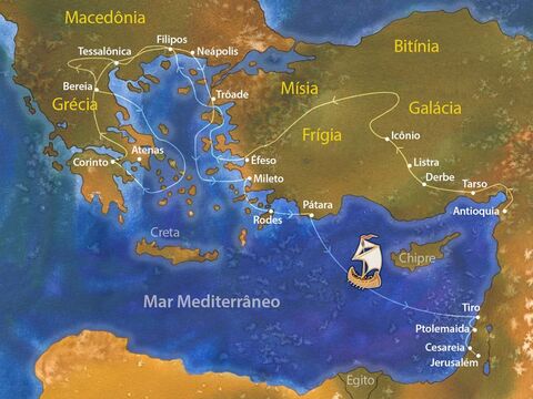 Após pregar o evangelho em muitas regiões da Macedônia e na atual Grécia, Paulo navegou de volta a Israel. Contornando Chipre, ele fez sua primeira parada em Tiro, em seguida em Ptoleimada e depois para Cesareia. Atos 21:1–7 – Slide número 1
