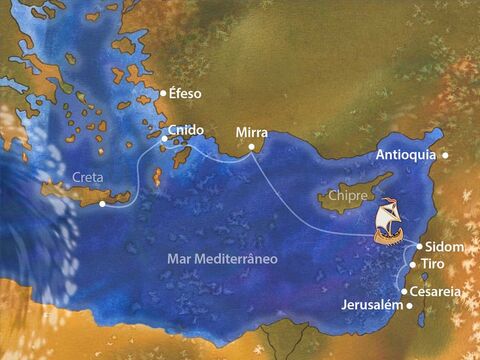Eles começaram em Cesareia e viajaram pelo mar Mediterrâneo em direção a Roma. O inverno se aproximava com suas tempestades. O navio lutava contra os ventos e as condições precárias de navegação, para logo chegar a Bons Portos. – Slide número 2