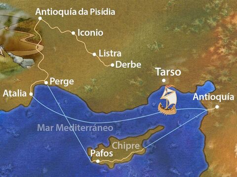 Com a conclusão de sua primeira viagem missionária, Paulo e Barnabé viajaram muitos quilômetros a pé e de navio até Antioquia. – Slide número 13