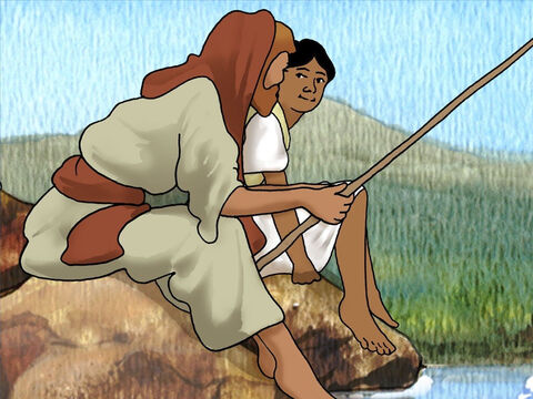 Pedro era um pescador experiente e sabia que seria um milagre se isso acontecesse. Em fé, Pedro não duvidou e fez o que Jesus pediu. Pedro pegou uma vara de pescar e fisgou um peixe. – Slide número 8