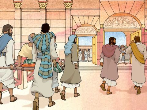 Pedro e João estavam indo ao templo na hora nona, para orar. E estava sendo carregado um homem que era aleijado de nascença, o qual todos os dias colocavam à porta do templo, chamada Formosa, para que ele pudesse pedir esmolas às pessoas que estavam entrando no templo. Atos 3:1-2 – Slide número 1